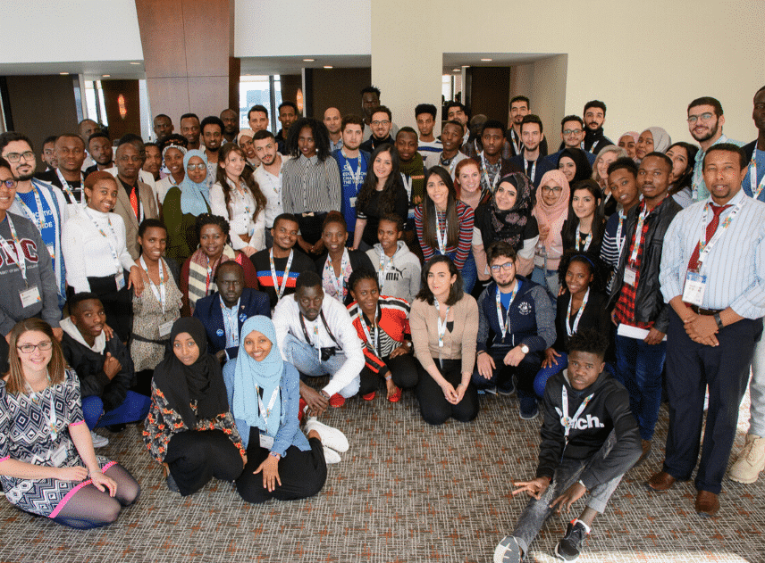 Members of the Student Refugee Program Alumni Advisory Team and newly arrived students at WUSC’s International Forum, 2018 (Photo Credit: WUSC)