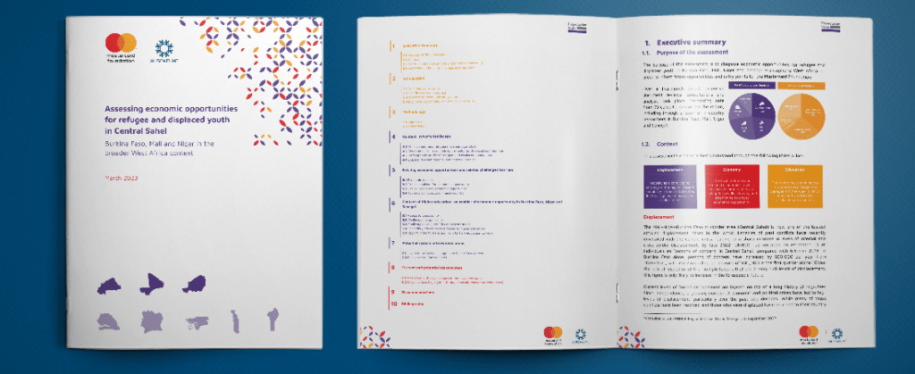 The report cover and first spread is displayed against a dark blue background.