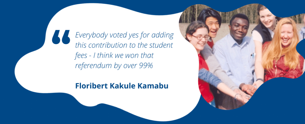Floribert Kakule Kamabu in a campaign poster with fellow students holding coins showing the cost of a cup of coffee.